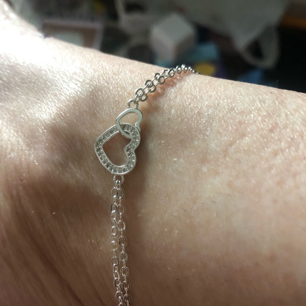 New Belk Silver Double Heart Chain Anklet with Crystals